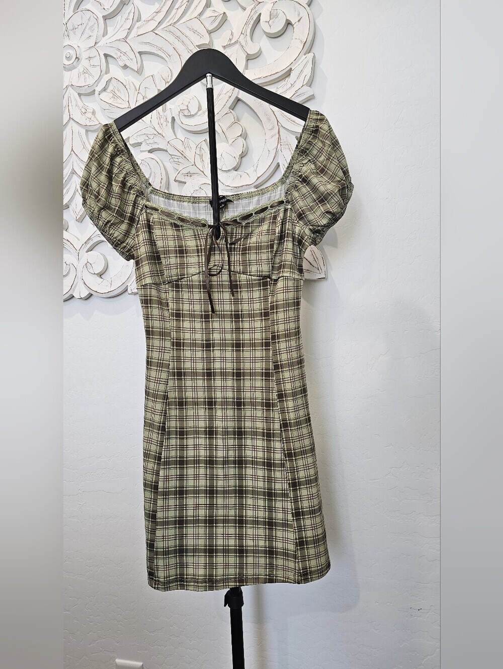 Blu Pepper Green Brown Plaid Puff-Sleeve Boho Y2k Mini Dress Juniors Sz Large